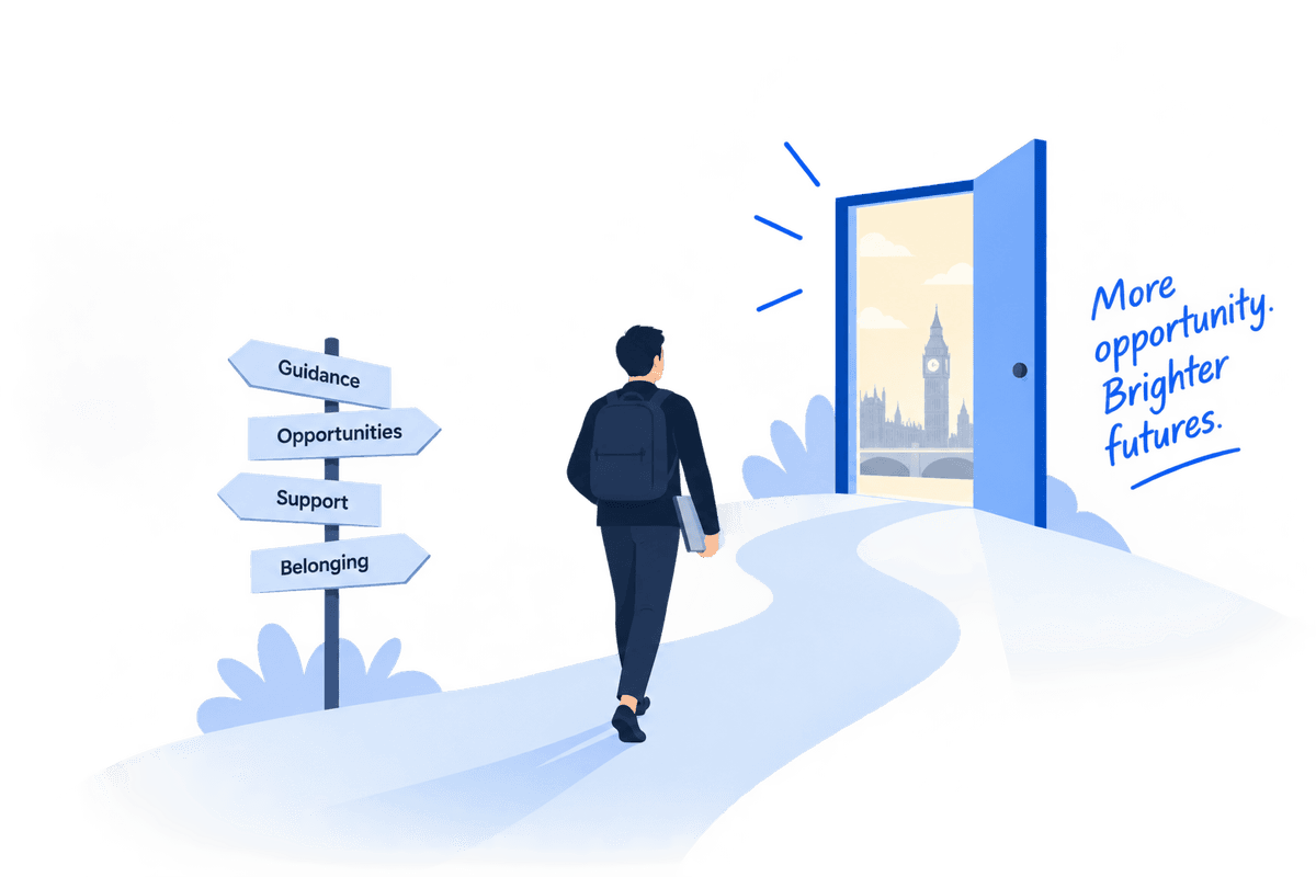 A student walking through an open door towards Big Ben, past a signpost reading Guidance, Opportunities, Support, Belonging